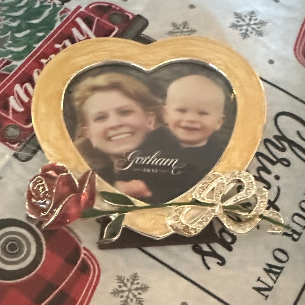 Gorham Gold Heart Frame with Red Rose and Silver Ribbon